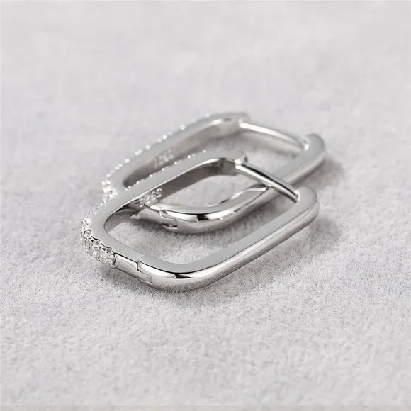 1.8 mm Moissanite Diamond Pave Rectangular Huggie Hoop Earrings NEW - Picture 6 of 11